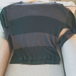 Vince camuto green and gray striped sweater with button shoulders